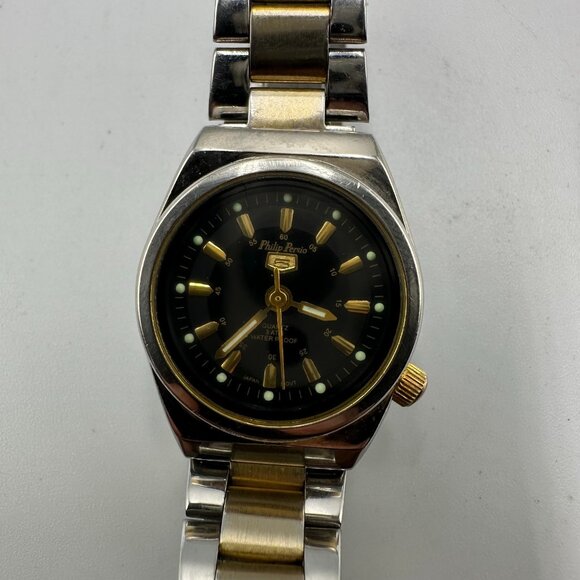 Philip Persio Watch Women Silver Gold Two Tone Black Dial 24MM New Battery 6.5" - Picture 3 of 12